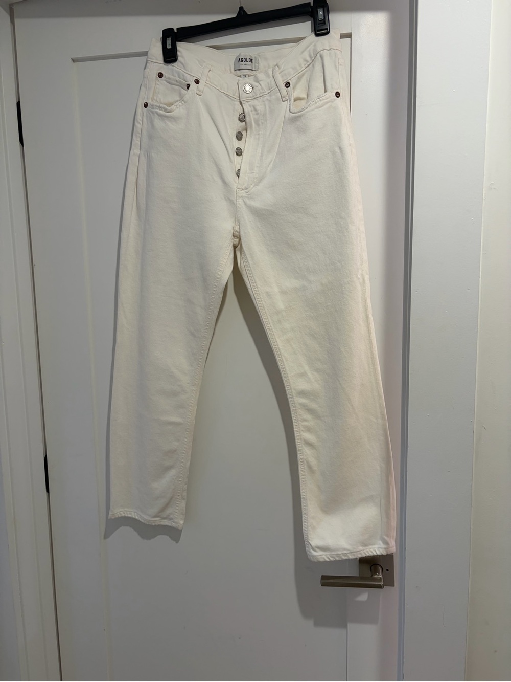 AGOLDE White Denim High Rise Straight Cut Cropped Jeans